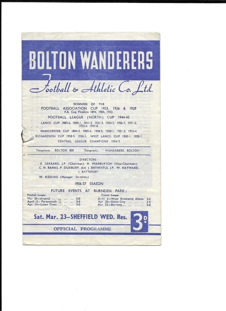 Bolton Wanderers Reserves V Sheffield Wednesday Reserves 1956 57 11 11