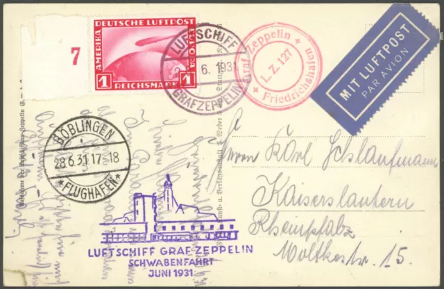 ZEPPELINPOST 1931, Schwabenfahrt, Bordpost n. Böblingen, frankiert mit 1 RM,