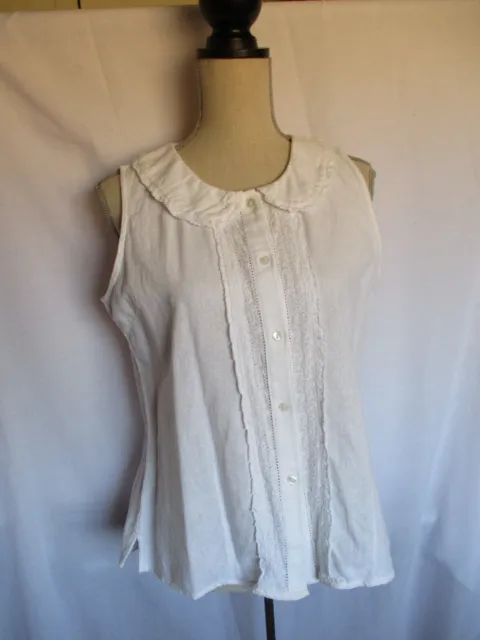 April Cornell Top M Cottage Blouse Sleeveless White Button up Peter pan collar