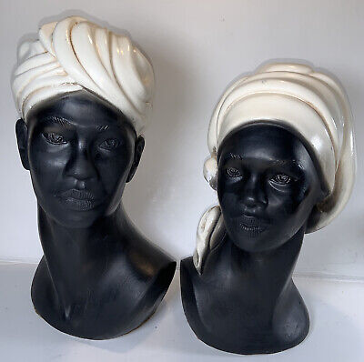 Vintage Chalkware ESCO Marie Brower Bust Black African Man Woman Head Scarf Rare
