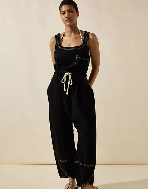 Free People Nova Jumpsuit Cinch Waist Rope Tie Pockets Curved Hem Black S NEW