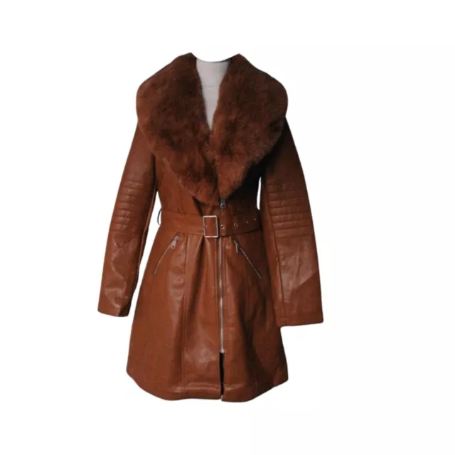 Manteau camel Taille L femme imitation cuir et col en fourrure amovible