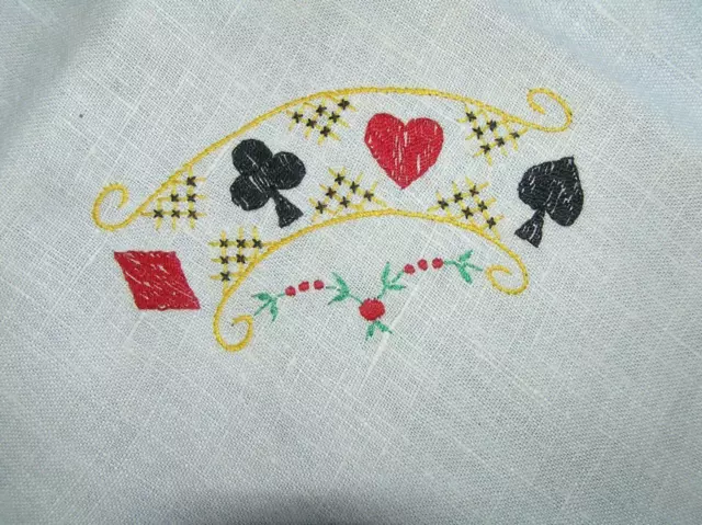 Vintage 1950's Linen Embroidered Card Deck Card Table Tablecloth 36" x 32" Ooak