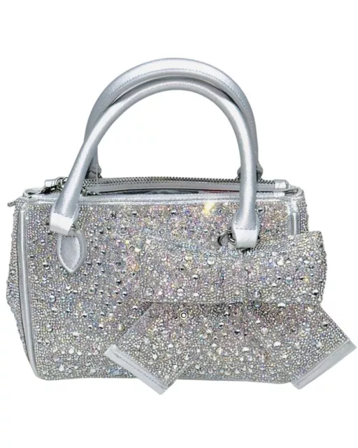 Betsey Johnson Kitsch Twinkle Twinkle Bow Mini Satchel Bag X-Body Silver Crystal