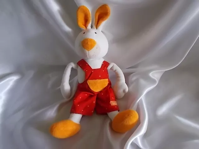 Doudou lapin blanc, salopette rouge à pois, grelot, Babysun