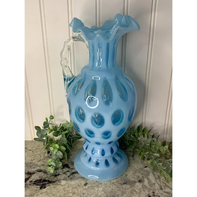 VINTAGE FENTON ART glass blue opalescent coin dot vase a9 $96.39
