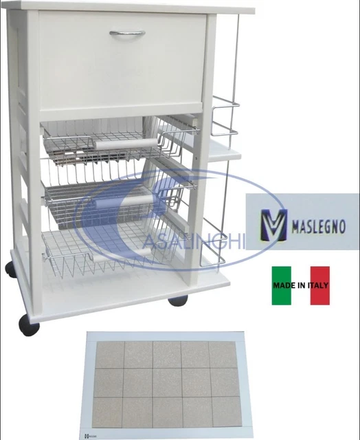 Carrello Vesuvio Porta Pane + Porta Bottiglie Bianco Maslegno Portafrutta