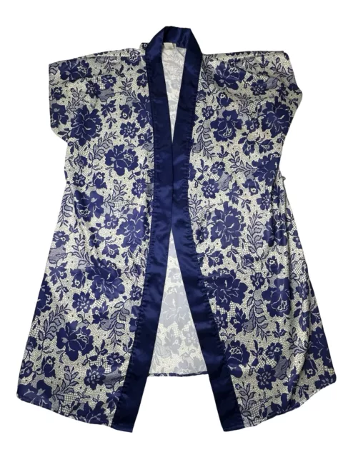 VINTAGE DELICATES SATIN Kimono Robe Women's Sz M Blue Ivory Floral USA ...