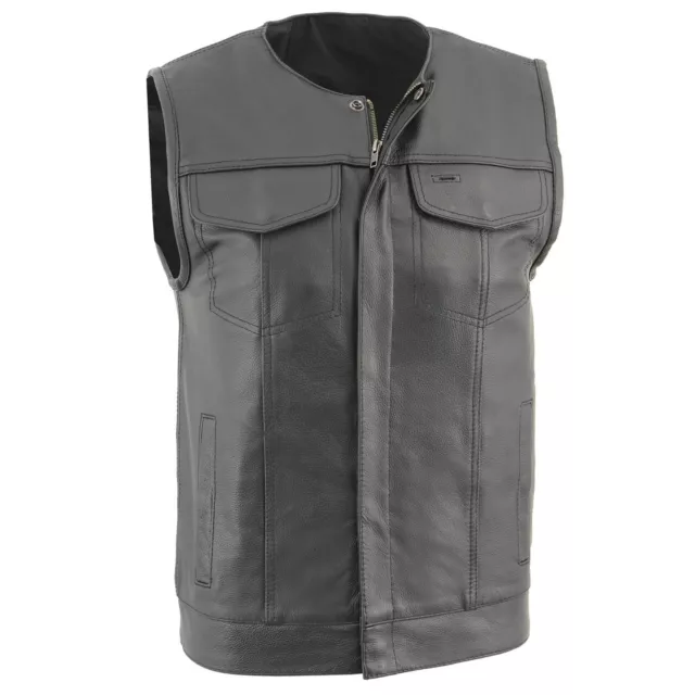 LKM3711 Men's SOA Collarless Leather Vest Zipper/Snap Front w/ Dual Gun Pockets