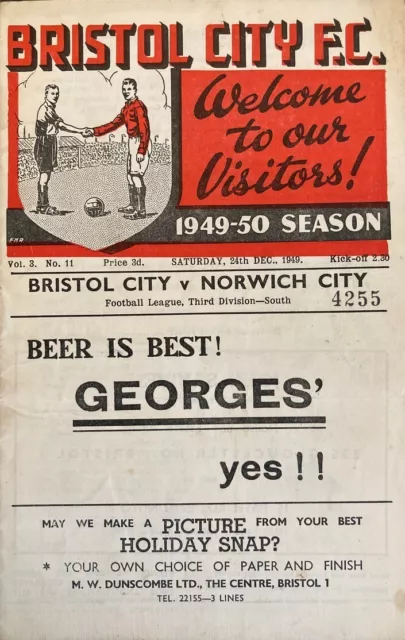 Bristol City v Norwich City Div 3 (S) 1949/50