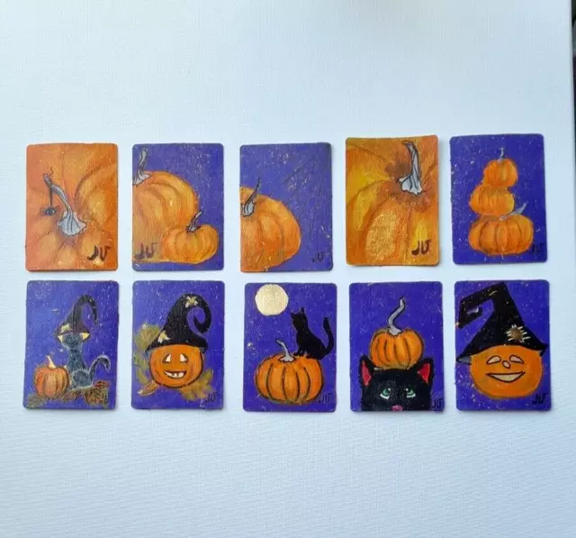ACEO  Black Cat & Pumpkin Original Art Card for Halloween Thanksgiving Handmade 3