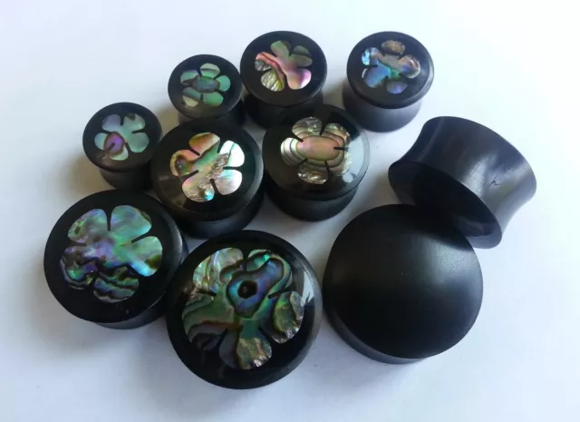 One Pair Handmade Flower Abalone Shell Resin Ebony Wood Saddle Ear Plugs Gauges