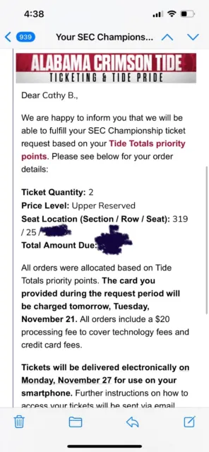 2 SEC Football Championship Tickets, Upper Level Sec. 319, Alabama vs. Georgia.