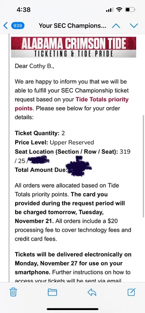 2 SEC Football Championship Tickets, Upper Level Sec. 319, Alabama vs. Georgia.