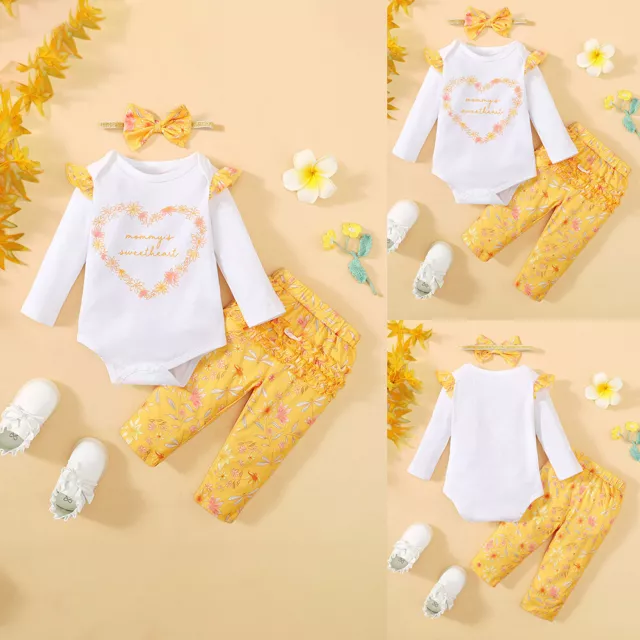 3PCS Baby Girls Long Sleeve Printed Romper Tops Pants Headband Set Infant Outfit