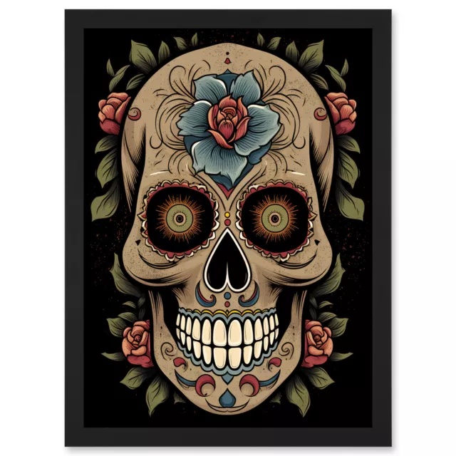 Old School USA Tattoo Day Dead Skull Americana 50s Framed Art Picture Print A3