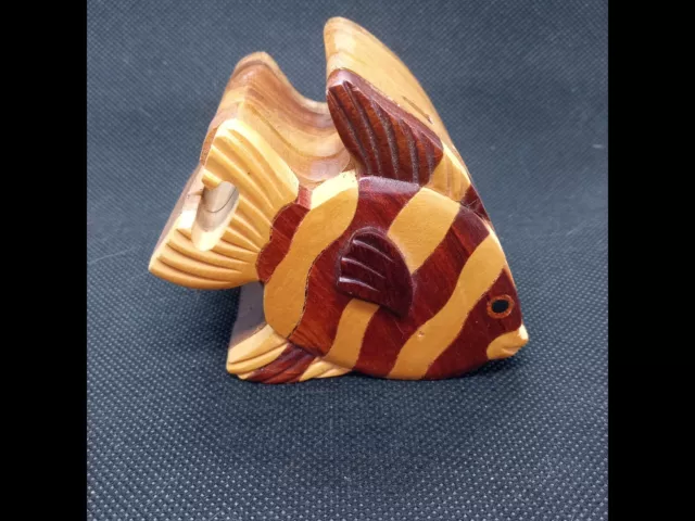 Hand crafted 3D Intarsia Wood Art Tropical Fish Puzzle Wooden Trinket Box 