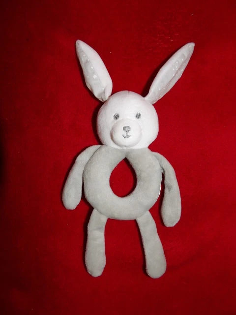Doudou Plat Hochet Grelot Lapin Blanc Gris Pois Etoile Marque Inconnue