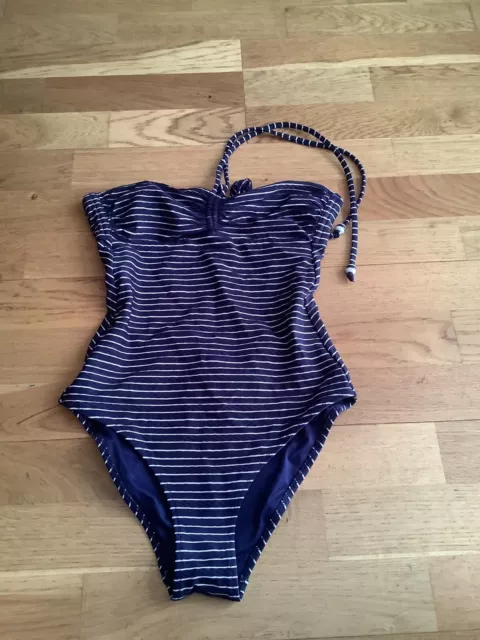 Navy Blue White Breton Stripe Bandeau Strap Swimming Costume Swimsuit 10-12