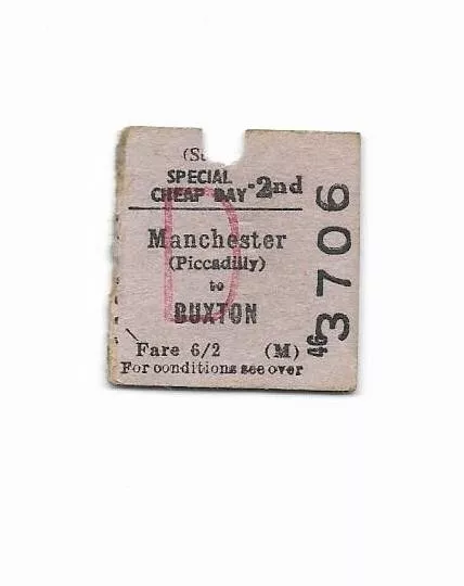 1963 BR BTC(M) Manchester Picc -  Buxton Severed Outward Half ½ Railway Ticket