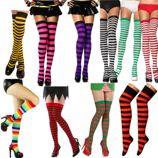 Girls Ladies Stripe Over Knee Socks Long Fancy Dress Candy Elf Xmas Witch Bee