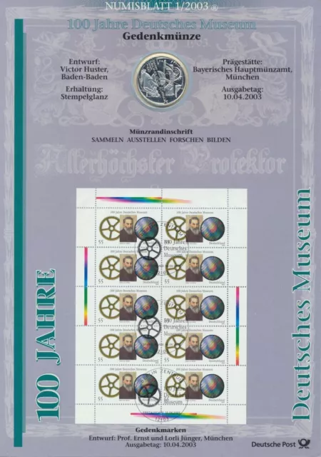 Germany: 2003 Silver €10 Euro Deutsches Museum 100 Years Numisblatt 1/2003