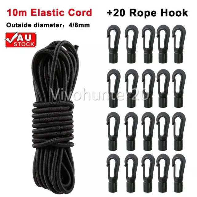 10m Elastic Bungee Cord Shock Cord Tethering Boat Kayak / 20 Rope Hook End Tool