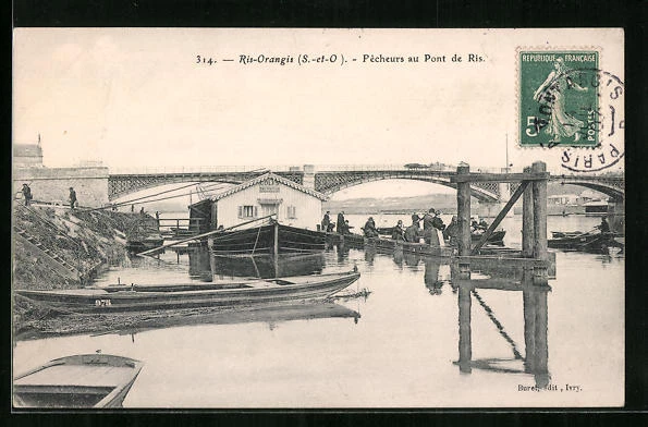CPA Ris-Orangis, Pêcheurs au Pont de Ris 1907