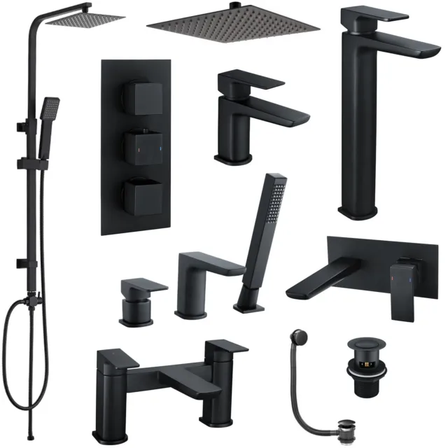 Matt Black Square Modern Bathroom Basin Bath Taps & Thermostatic Shower Mixers