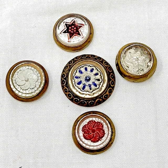 Antique 5x Glass Metal Victorian Picture Architectural Hanging Nail Covers 7683