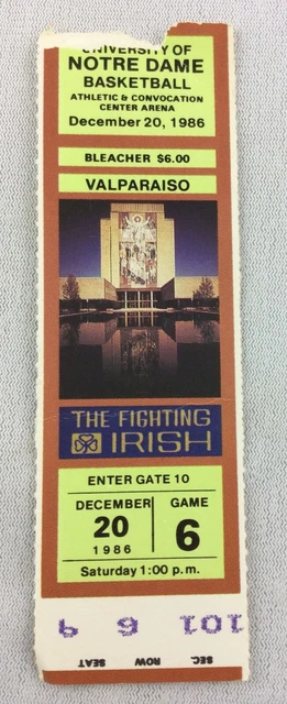 1986 12/20 Valparaiso at Notre Dame Basketball Ticket Stub - Seat 9
