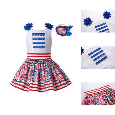 Vintage Girls Spanish Outfit Set Summer Stripe Skirt Set + Hairband 3-12 Years