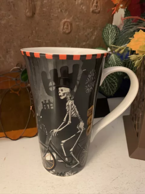 222 Fifth Halloween Tall Coffee Latte Mugs Porcelain Bicycle Skeleton