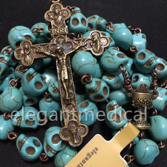 Catholic Vintage XL 10MM Turquoise skull beads Rosary Cross crucifix Necklace 2