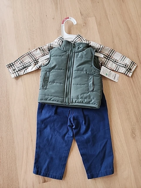 New Carters Baby Boys 3 Piece Set Green Vest, plad Shirt,  Blue Pants Size NB