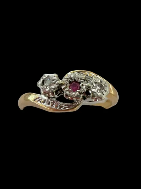 Bague en or 18 Kt vintage ancienne 1900 toi et moi diamant rubis Numérotée