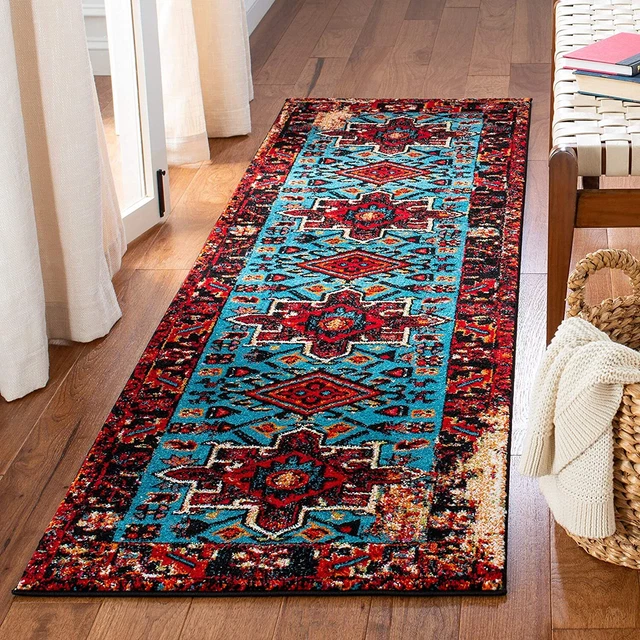 Vintage Hamadan Collection 2'3" X 8' Red / Light Blue Runner Rug Oriental