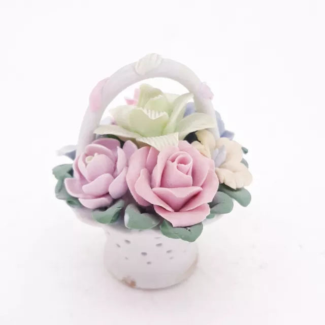 Vintage Porcelain FLOWER BASKET / Capodimonte Style / Roses / Miniature