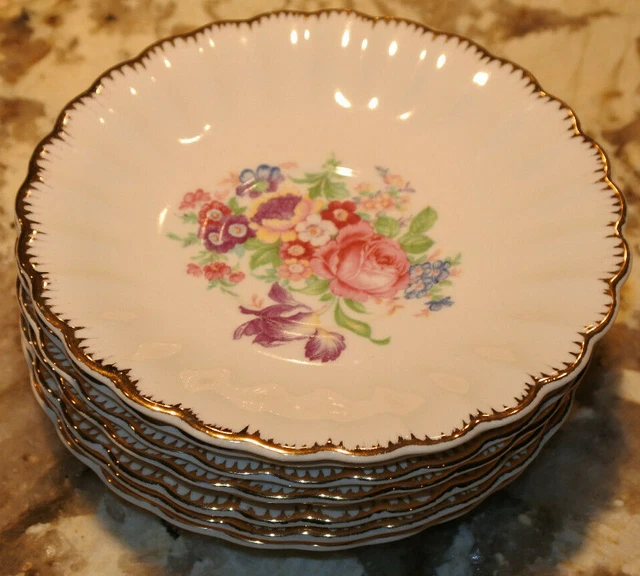 8pc set Vintage LEIGH WARE 22K Gold Cabbage Rose pattern Saucer