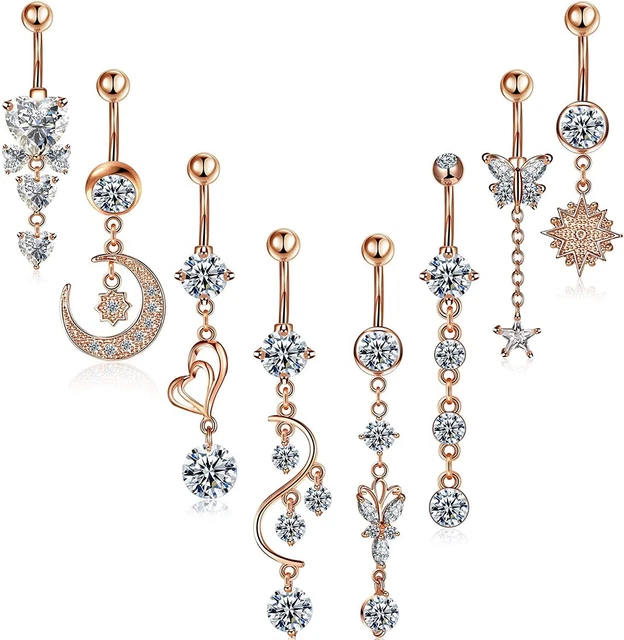 2pc Belly Button Zircon Barbell Steel Bar Long Dangle Navel Ring Body Piercing