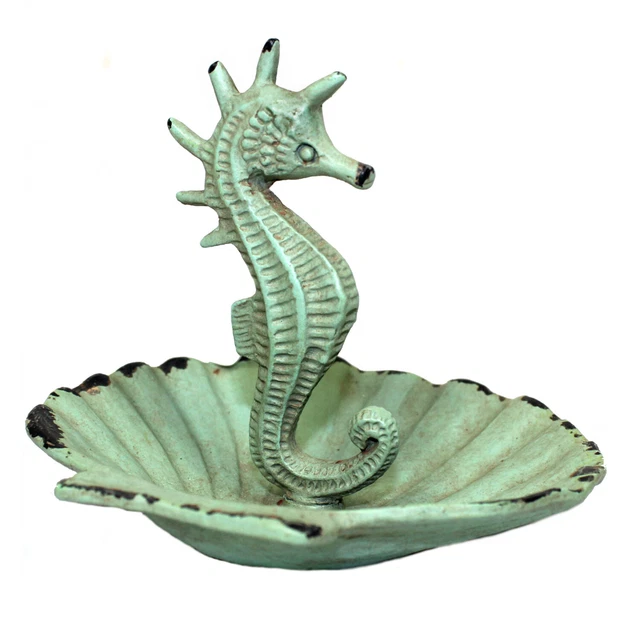 Green Seahorse in Scalloped Shell Jewelry Holder Trinket Dish Painted Metal
