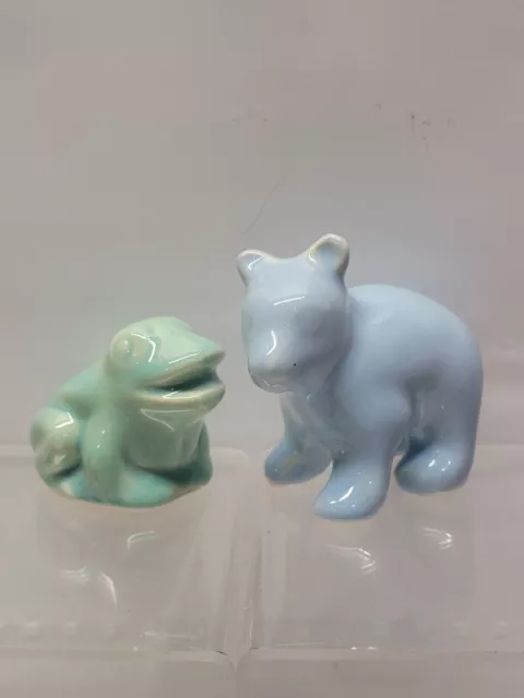 Vintage SHAWNEE Pottery Miniature Aqua/Turquoise Frog & Blue Bear Figurine