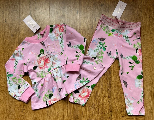 Ted Baker nuovo 18-24 mesi felpa set outfit floreale 1,5-2 rosa nuova con etichette