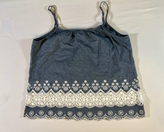 Knox Rose womens tank top XL blue floral embroidered crochet trim keyhole 2