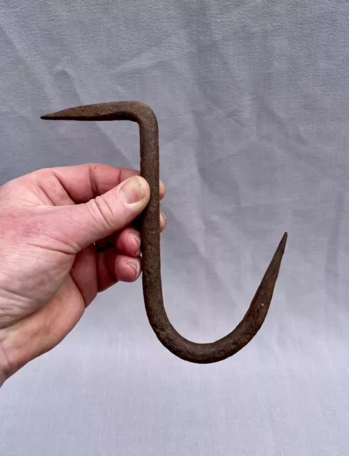 Large Early Antique Hand Forged Wrought Iron Beam Spike Hook