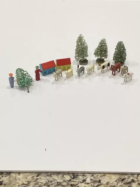 Vintage Erzgebirge 16pc Miniature Carved Wooden Figures, Animals Trees,Houses