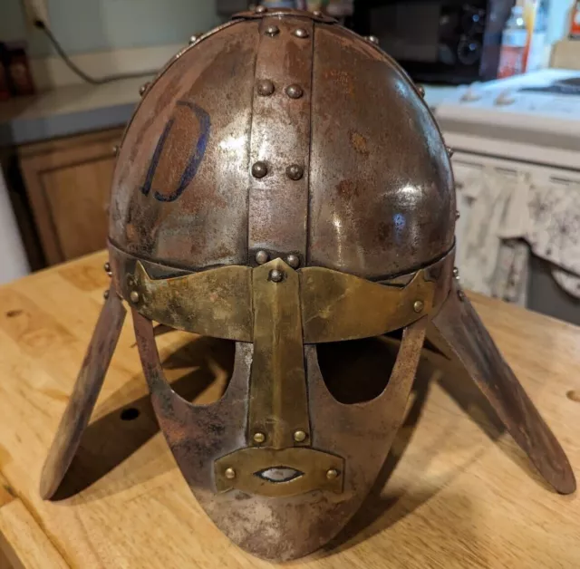 Vintage Medieval Sutton Hoo Helmet Solid Steel & Brass Metal Full Size