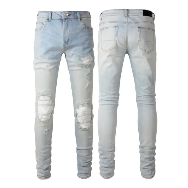 Men's Slim-Fit Distressed Stretch Denim Jeans with Distressed Patches and Fringe