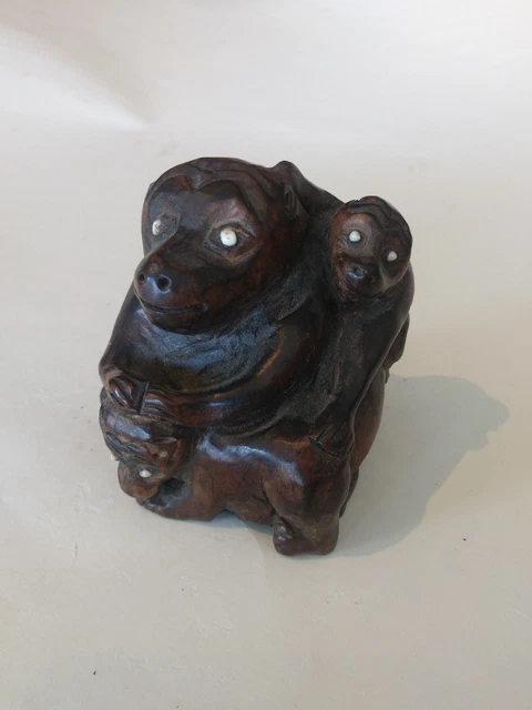 Vintage Chinese Yellow Boxwood Carved Monkey Mom with Two Babies