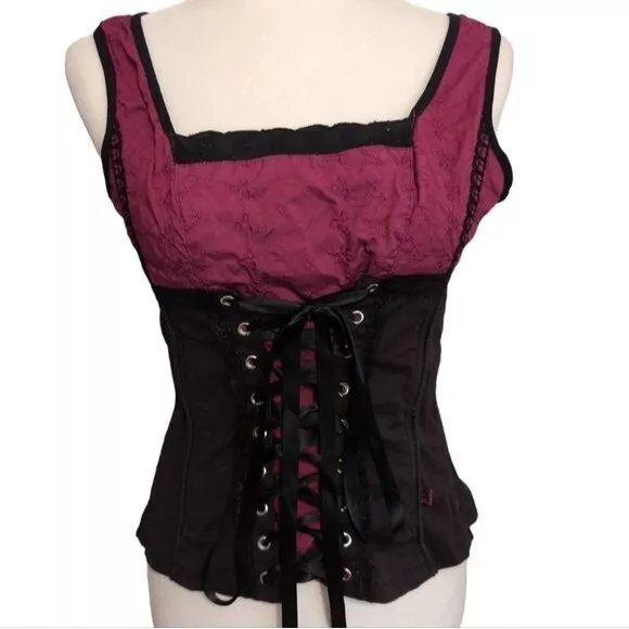 Tripp NYC Women's Large Corset Top Pink Lace Black Lace Up Gothic Punk